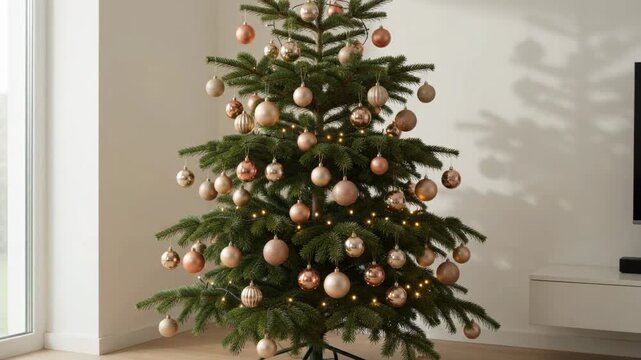 Beautifully decorated Christmas tree with rose gold ornaments and warm lights in a modern minimalist living room. Festive holiday home interior with elegant baubles.
