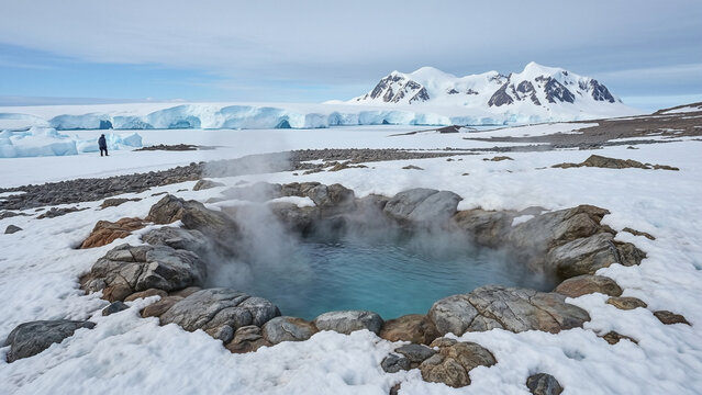Natural hot spring surrounded by snow and ice in a polar landscape