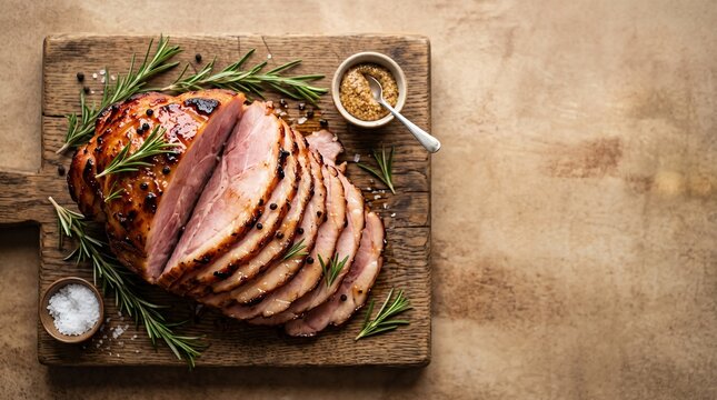 roasted glazed ham sliced on wooden cutting board with mustard for holiday dinner