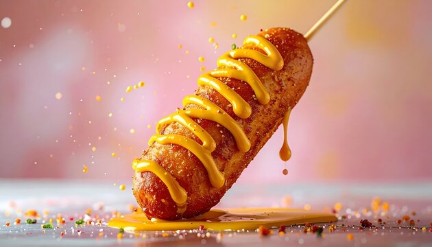 Crispy Korean corn dog on wooden stick drizzled with yellow mustard sauce.