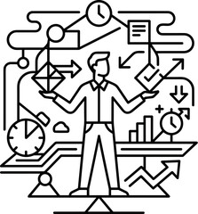 Fototapeta premium Businessman juggling tasks and time management with business analytics and strategy icons