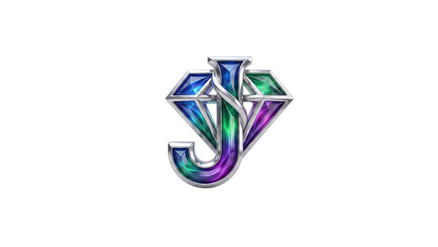 Luxury letter J diamond logo, 3D gemstone initial icon, elegant jewelry typography with blue and purple crystals