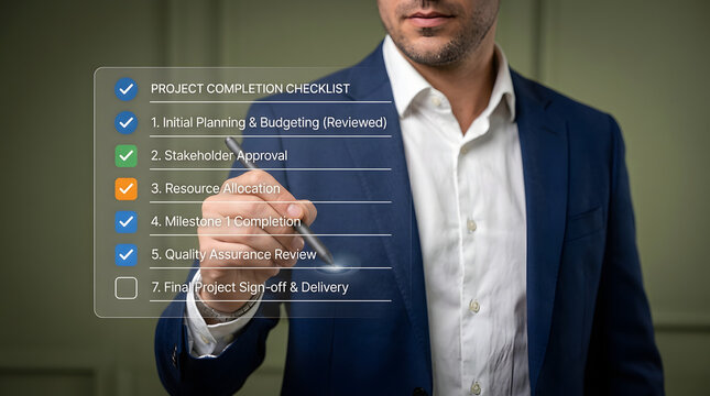 Professional reviewing project completion checklist with digital