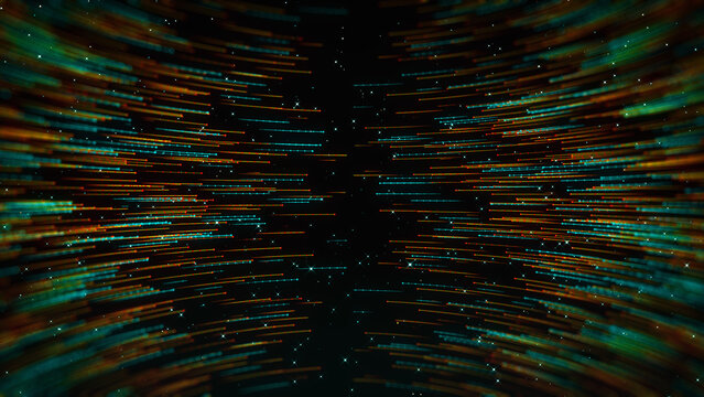 Colorful curved particle trails sweep through dark starry space, creating a dynamic futuristic background for technology, digital networks, artificial intelligence, science, and innovation.