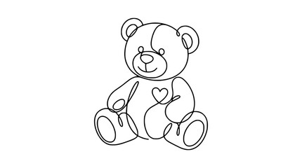 Fototapeta premium Continuous Line Drawing Teddy Bear with Heart, Isolated on Transparent Background