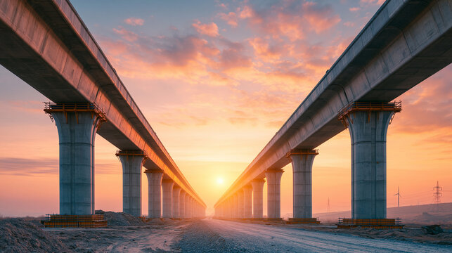 Symmetrical view of unfinished concrete bridge pillars at sunset for urban planning and architectural infrastructure.