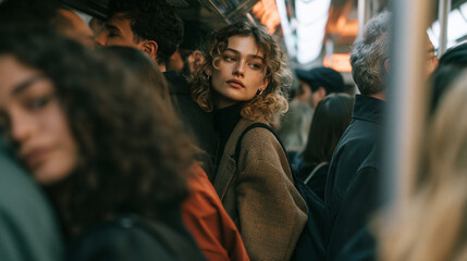Fototapeta premium Young Woman Commuting on a Crowded Subway Train During Rush Hour
