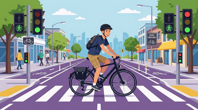 Vector illustration of a young man wearing a helmet riding a bicycle on a designated city bike lane with traffic lights and pedestrian crossings in an urban setting.