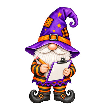 Halloween Gnome with Clipboard: A whimsical gnome adorned in a festive Halloween witch hat and striped attire holds a clipboard and pencil, ready to jot down notes.