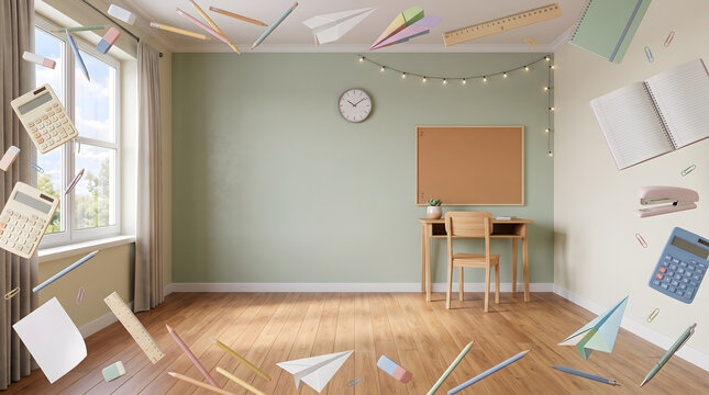 Creative back to school concept with floating school supplies like calculators and pencils in a modern study room with a wooden desk and chair set against a light green wall background