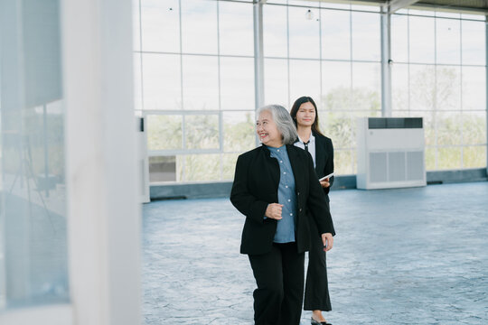 Positive professional teamwork collaboration coordination shows business women walking together in office feeling happy and optimistic confident