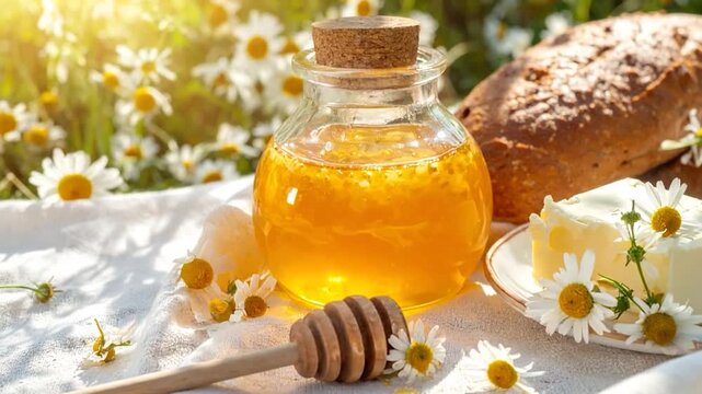 Organic honey jar and fresh bread with daisies
