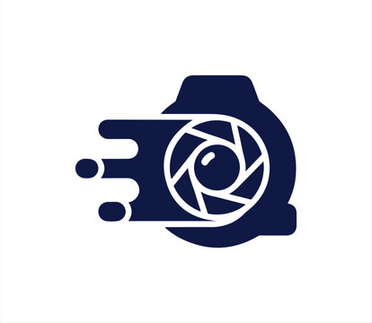 Abstract camera shutter logo with motion lines and dark blue tech elements for photography and video production.