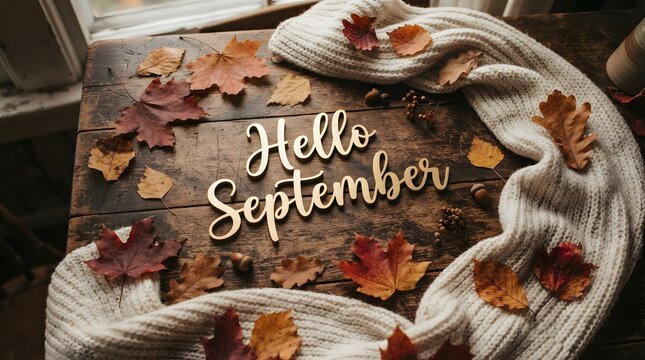 Cozy autumn flat lay with hello september wooden sign, fallen maple leaves, and a soft knitted scarf on a rustic dark wooden table background