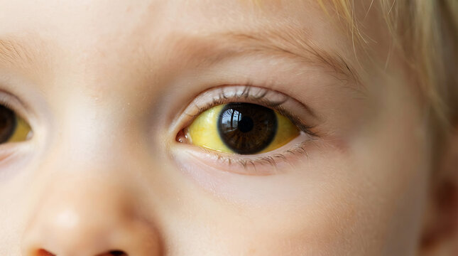 Close up of a young child showing symptoms of jaundice with yellow sclera eyes