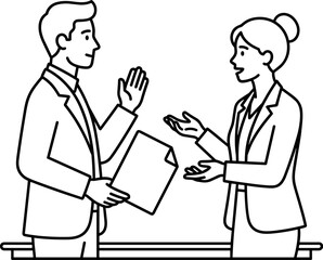 Fototapeta premium Business meeting between man and woman discussing document teamwork concept line art illustration