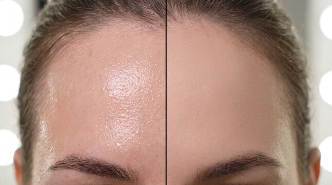 Before and after greasy oily forehead skin to matte shine free finish