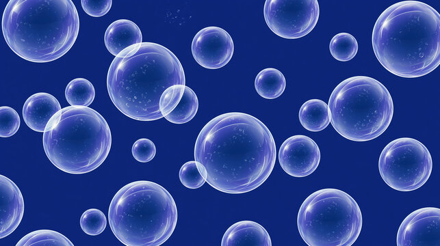 Translucent soap bubbles float across dark blue background with bright light reflections and varying circular sizes.