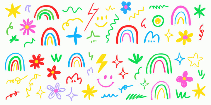 Colorful doodle illustrations featuring rainbows flowers and stars on a white background