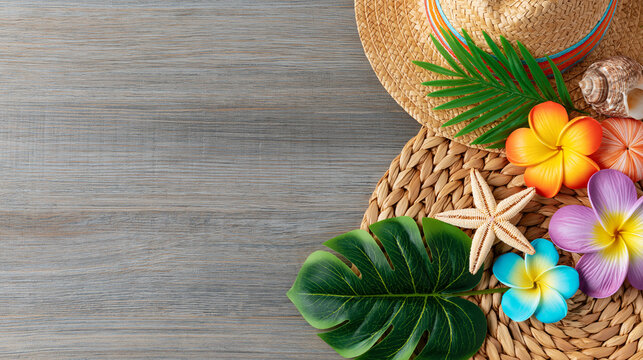 Tropical beach accessories including straw hat starfish and colorful plumeria flowers on wooden background for travel ads.