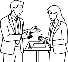 Obraz premium Business meeting man explains woman signs contract on table