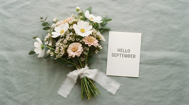 A beautiful bouquet of fresh cosmos and zinnia flowers with a hello september greeting card on a soft sage green textured background