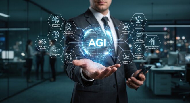 Tech executive presenting a holographic AGI (Artificial General Intelligence) and autonomous reasoning dashboard.