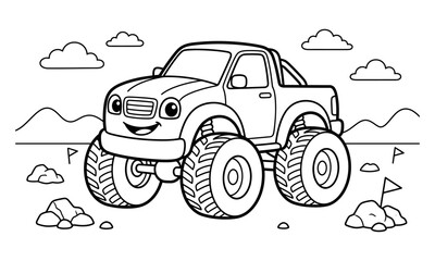 A fun and exciting coloring page featuring a big monster truck driving through a rocky landscape © MdAbubakkar Siddique