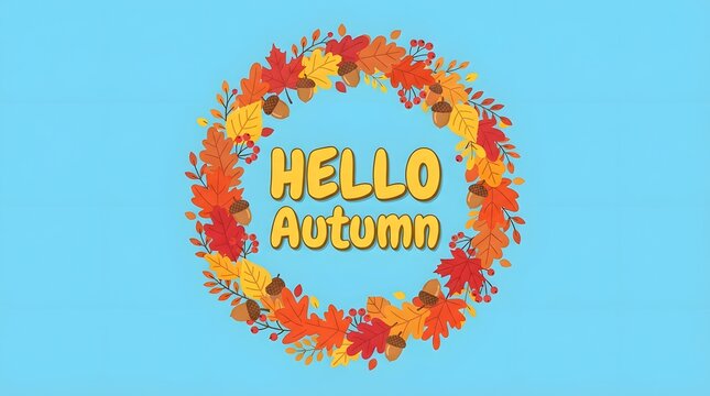 Hello autumn seasonal greeting card design with a circular wreath of vibrant fall leaves and acorns on a light blue background