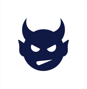 Devil head vector icon with sharp horns and angry facial expression in dark blue for mythical and spooky designs.
