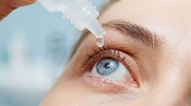 Close up of a woman applying moisturizing eye drops to her blue eye