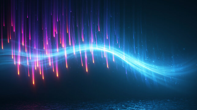 Vertical purple light rain falls over a glowing blue energy wave symbolizing digital data processing and cloud storage.