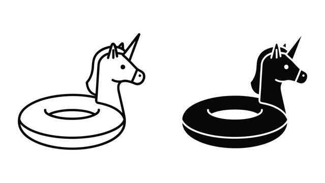 Inflatable unicorn pool float icon in line and solid black vector illustration