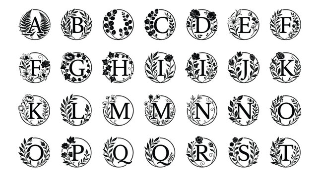 Alphabet monograms featuring letters from A to T decorated with delicate black botanical silhouettes are presented in circular frames.