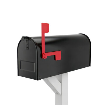Black mailbox with red flag on white post against clean background