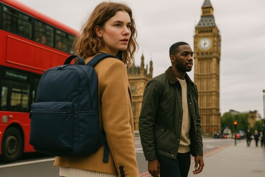 London cityscape with diverse travelers.
