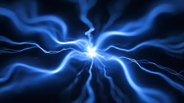 Abstract glowing blue electric plasma tendrils expand from a bright central core.