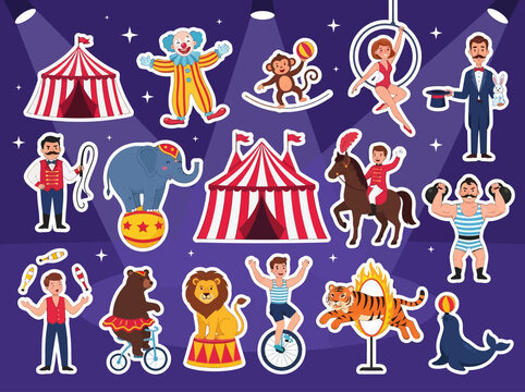 Cartoon Circus Sticker Set with Animals, Performers, and Big Top Tent