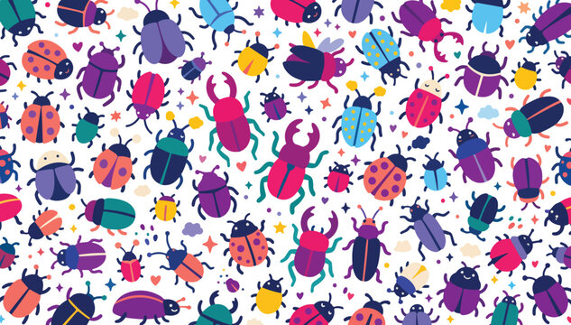 Cute colorful bugs seamless pattern vector with beetles and ladybugs