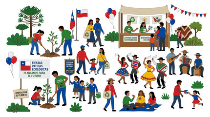 Fototapeta premium Chilean Eco Festival: People Planting Trees, Celebrating Culture, and Recycling