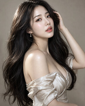 중성 톤의 스튜디오에서 긴 웨이브 헤어와 오프숄더 드레스를 입은 젊은 여성이 우아한 포즈를 취하는 모습을 표현한 뷰티 패션 이미지