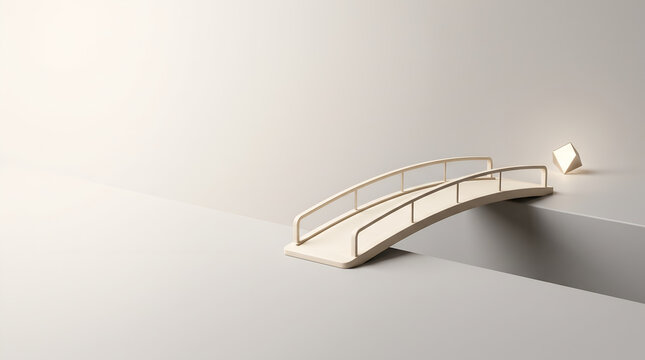 Minimalist 3D bridge crossing a gap towards a glowing geometric shape, representing abstract business concept for overcoming obstacles and success