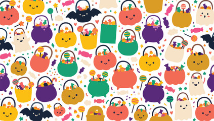 Obraz premium Trick or treat candy bags seamless pattern vector of kawaii pumpkin pails, cauldrons and bats doodle set