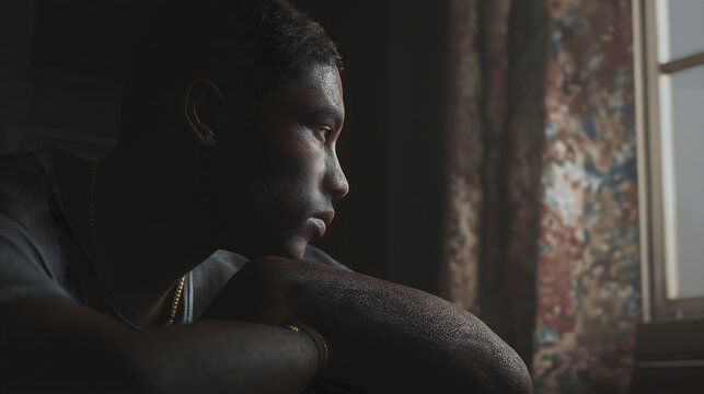 man sitting alone by window thinking, portrait of a young man