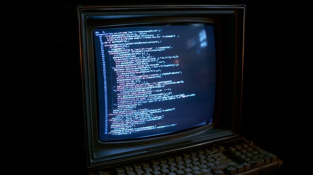 Vintage computer monitor with keyboard displaying lines of white code on a dark blue screen.