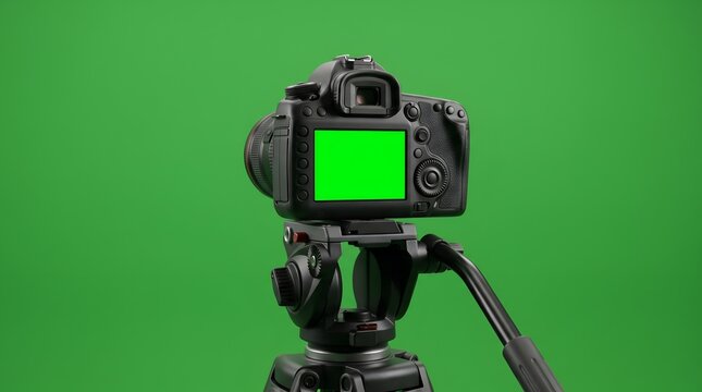 Professional DSLR camera with green screen on tripod for video production.