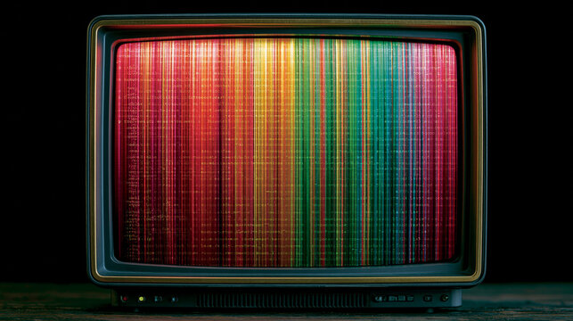 Vintage television displaying colorful vertical lines of binary code with a dark background.