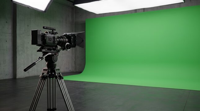 Professional film studio with chroma key green screen and video camera on tripod.