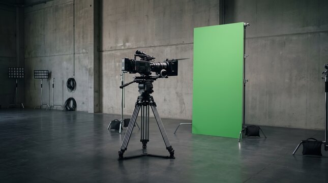 Professional video camera on tripod in studio with green screen backdrop.