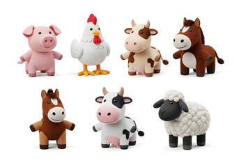 Fototapeta premium Adorable collection of soft plush farm animals including pig, rooster, cow, horse, and sheep. Ideal for children's educational materials, nursery decor, marketing campaigns, and playful lifestyle